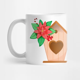 Poinsettia and birdhouse Mug